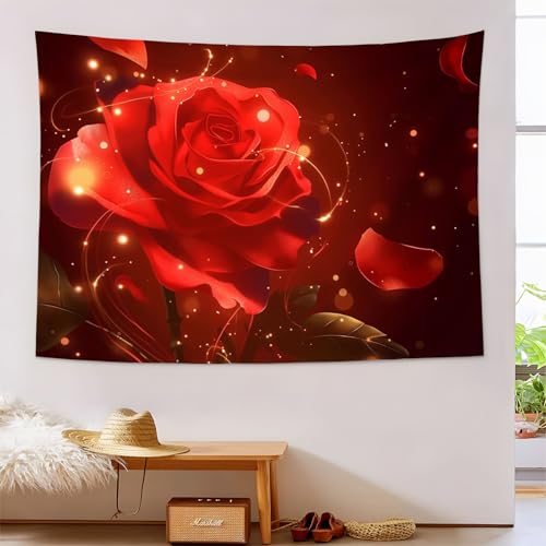 Wandteppiche Fantasy Art Style Tapisserie Wandtuch Romantische Rote Rose Wandbehang Wanddeko für Wohnzimmer und Schlafzimmer Heimdeko (200 x 150 cm,Rot) von JSCWDET