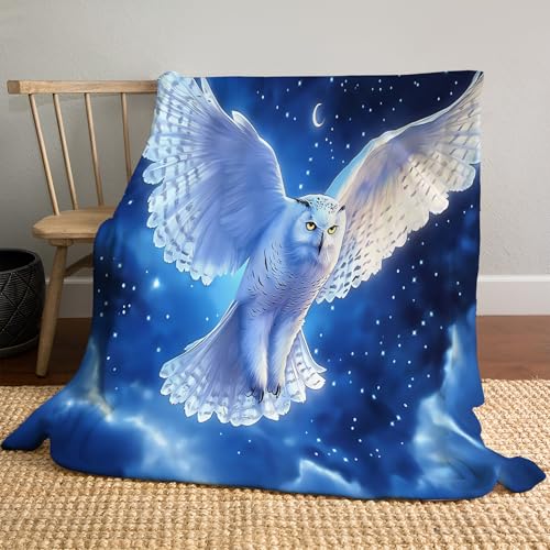 Weiße Eule Kuscheldecke Flauschig Decke, 150 × 200 cm Große Warme Couchdecke, Sterne Mondlicht Kuschlige Wohndecke Weich als Sofaüberwurf Blanket Sofadecke Bett von JSCWDET