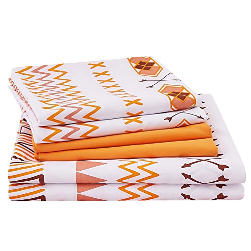 JSD Orange Boho bedrucktes Bettlaken-Set, King-Size, 6-teilig, geometrisch, weiche Mikrofaser, Kissenbezüge, tiefe Tasche von JSD