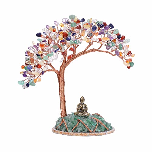 JSDDE Feng Shui Baum Lebensbaum Deko Buddha Figur Geldbaum mit Achat Basis Heilstein Glücksbringer Baum Trommelsteine Glückbaum Dekoration für Hause Wohnung Büro Zimmer (Chakra) von JSDDE