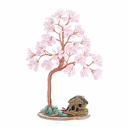 JSDDE Feng Shui Baum Lebensbaum Deko Kleine Haus Geldbaum mit Achat Basis Heilstein Glücksbringer Baum Trommelsteine Glückbaum Dekoration für Hause Wohnung Büro Zimmer (Rosenquarz) von JSDDE