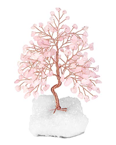 JSDDE Feng Shui Baum natürliche Edelsteine Lebensbaum Deko Kristallcluster Basis Kristallbaum Wicklung Trommelsteine Geldbaum Glückbaum Reiki Heilung Schmuck Büro Wohn-, Schlafzimmer Deko (Rosenquarz) von JSDDE