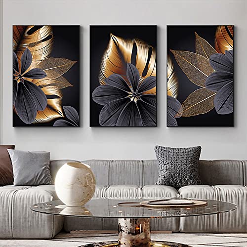 JLCZBT 3 Stück Schwarz Golden Pflanzenblatt Bild Wandbild Print Bilder Kunstposter Deko für Wohnzimmer Schlafzimmer Ohne Rahmen (40 x 60 cm) von JLCZBT