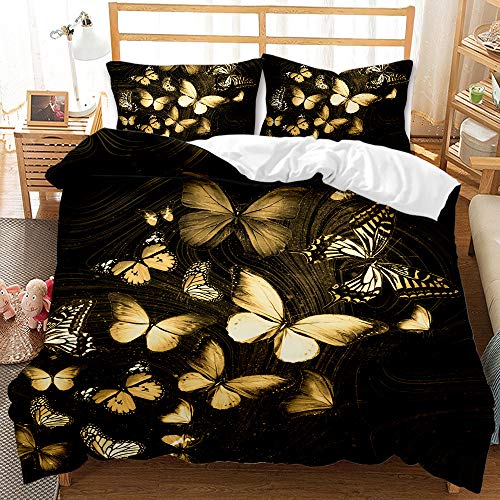 JSFN Gold Schmetterling Bettbezug 135x200 Mädchen Bettwäsche-Set, modern Bedruckt mit Schmetterlingen Blumenmuster, Schwarz (D,135 x 200 cm) von JSFN