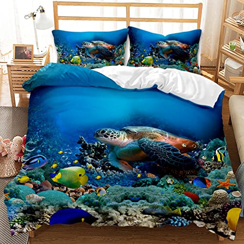 JSFN Kinder Bettwäsche 135x200cm, Ozean Thema Blau Bettwäsche, Unterwasserwelt Delfin Schildkröte Koralle Muster Bettbezug (A2,135 x 200 cm) von JSFN