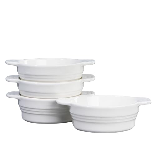 JSHKY 4 x Soufflé Förmchen-Creme Brulee Schälchen aus Keramik - je 220 ml-Ofenfest Förmchen - leicht stapelbar - kleine Schälchen für Creme Brulee, Dessert, Muffin, Quiche-Weiß von JSHKY