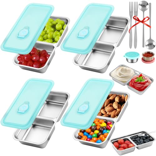 JSHNE 4 Stück wiederverwendbare Snackbehälter zum Mitnehmen mit Deckel, Snackbehälter mit Doppelfach und 2 Gabeln, 2 Löffeln, Snackbehälter aus Edelstahl für Camping, Mittagessen, Dessert von JSHNE