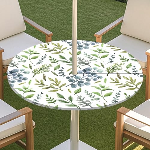 JSJHJZJ Runde Tischdecke for den Außenbereich, Tischdecke mit grünen Pflanzen und Reißverschluss, wasserdichte Tischdecke mit Regenschirmlöchern for Terrassengarten, Camping und Picknick(H,M) von JSJHJZJ