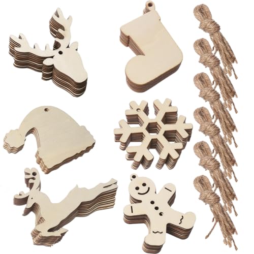 JSKWIKE 60 Pcs Weihnachten Weihnachtsanhänger Tannenschmuck DIY Weihnachtsdekoration Holz Scrapbooking Holz Scheiben Holz Elch Schneeflocke Weihnachtsbaum mit Juteseil zum selbst bemalen von JSKWIKE