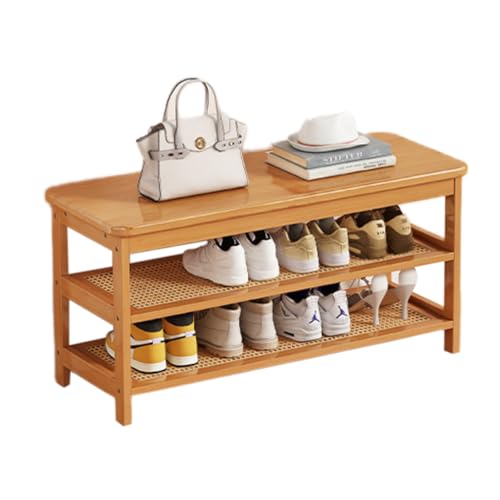 JSLJJBD 3/4-stöckige Schuhbänke, Schuhregalbank mit Stauraum, Massivholzrahmen, Kunststoff-Rattan-Regal, platzsparend, geeignet for Eingangsbereich, Veranda, Wohnzimmer(Wood,65cm-3F) von JSLJJBD