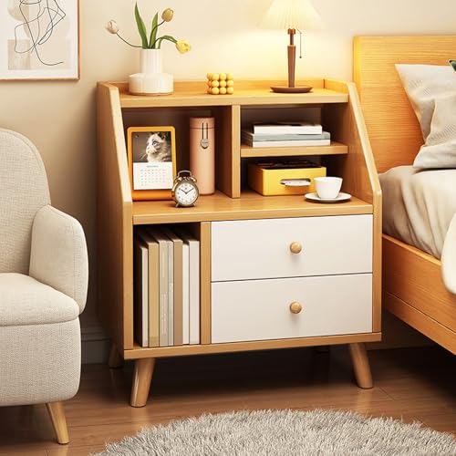 JSLJJBD Moderner Nachttisch for Schlafzimmer mit 2 Schubladen, offenen Ablagefächern und hohen Beinen. Geeignet for Schlafzimmer, Wohnzimmer und Arbeitszimmer(Wood) von JSLJJBD
