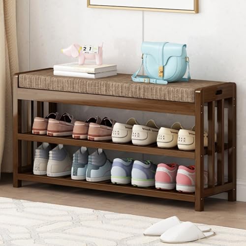 JSLJJBD Schuhregalbank mit Stauraum, Schuhbänke mit Armlehnen und Polsterung mit Aufbewahrungstasche, Walnussfarbe, for Flur, Wohnzimmer, Schlafzimmer(80cm) von JSLJJBD