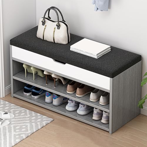 Schuhbank for den Eingangsbereich, 2-stufiger Schuhregal-Organizer, Schuhbank mit aufklappbarem Stauraum und gepolstertem Kissen, Eingangsbank aus Holz for den Eingangsbereich, Wohnzimmer(Gray) von JSLJJBD