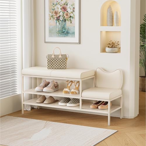 Sitzbank for den Eingangsbereich mit Schuhablage, gepolsterte Aufbewahrungsbänke, monogrammierte Bank mit Metallrahmen for Eingangsbereich, Flur, Wohnzimmer und Schlafzimmer(Cream White,120cm) von JSLJJBD