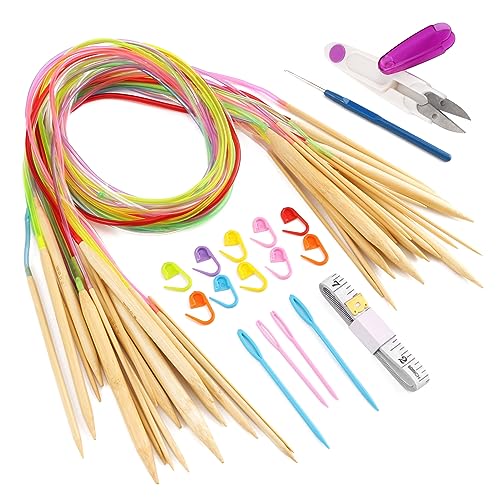 18 Paar Rundstricknadel Stricknadeln Bambus Set Bambus Rundstricknadel Set 100cm Doppelspit Stricknadeln Rundstricknadeln mit Zubehör 2.5-10.0mm für Handarbeit von JSMTKJ