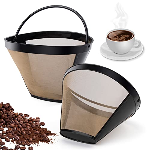 2 PCS Goldtonfilter Kaffee Dauerfilter 6-8 Tasse Edelstahl Kaffee Filter Mesh Korb Waschbar Kaffeefilter Für 8-12 Tassen Kaffee, Filtergröße 4, mit Edelstahlgewebe, Griff von JSMTKJ
