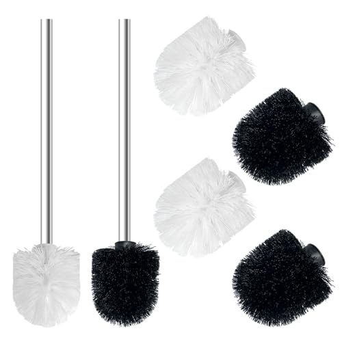 2 Stück Klobürste mit 4 Ersatz WC-Bürstenkopf, Stehende Bürsten mit Edelstahlgriff für Toilette & Bad, Ergonomisch, Elegant, Langlebig（Weiß und Schwarz） von JSMTKJ
