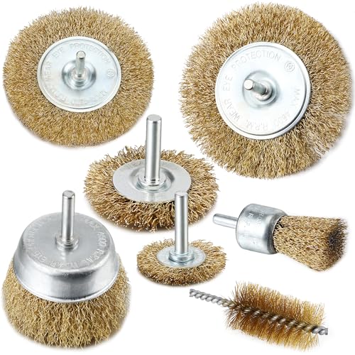 7-teiliges Drahtbürste Bohrmaschine Set, Messingbeschichteter Stahlbürste Rundschaft 6mm Scheibenbürsten 38/50/75/100 mm, Topfbürste 75 mm, Pinselbürste 25 mm Rohrbürste Drahtbürstensatz von JSMTKJ