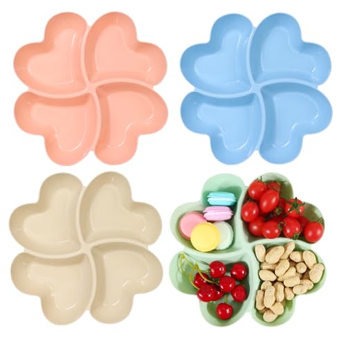 JSMTKJ Snackteller mit 4 Fach Fächern – Herzförmige Snackschale 4 Stück in 4 Farben | Wiederverwendbare Snackschale mit Edelstahl Fruchtgabeln | Für Familie, Esszimmer & Lagerung von JSMTKJ