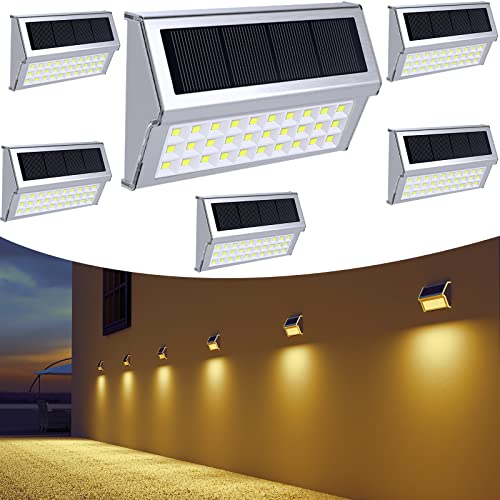 JSOT 6 Stück 30 LED Solarlampen Wandleuchten Wegeleuchten Treppenbeleuchtung Gehäuse aus Edelstahl Lampe Solarleuchten IP55 Wasserdicht 1600mAh Für Zaun Straße Gartenbeleuchtung (Warmes Licht) von JSOT