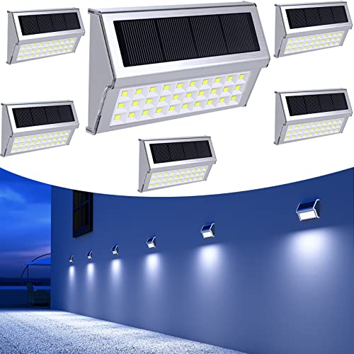 JSOT 6 Stück 30 LED Solarlampen Wandleuchten Wegeleuchten Treppenbeleuchtung Gehäuse aus Edelstahl Lampe Solarleuchten IP55 Wasserdicht 1600mAh Für Zaun Straße Gartenbeleuchtung (Weißes Licht) von JSOT