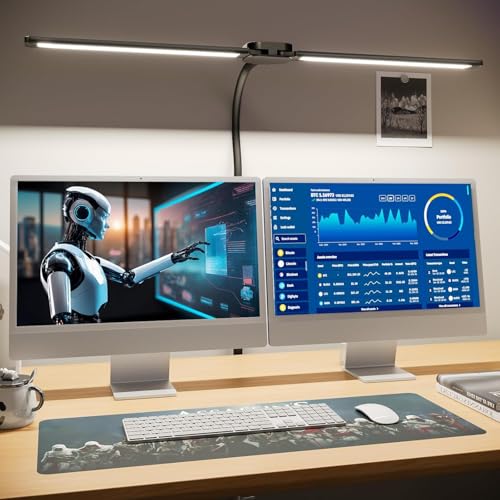 JSOT Schreibtischlampe Doppelkopf LED Dimmbar 10W 60CM Klemmbar Homeoffice Tageslichtlampe 360° Verstellbarer Lichtstreifen Schwanenhals Büro Tischlampe Augenschutz Monitorlampe 5 Farbmodi (Schwarz) von JSOT