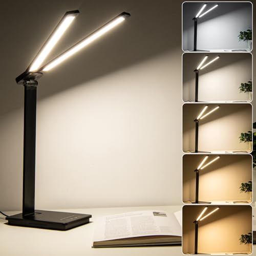 JSOT Schreibtischlampe Doppelkopf LED Dimmbar Faltbar 10W 60CM 600LM Homeoffice Tageslichtlampe Elektronische Geräte USB TYP-C-Schnittstelle Monitorlampe 5 Farbmodi (Schwarz) von JSOT