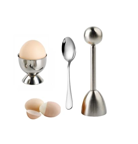 JSQJ Eierköpfer Edelstahl 304 Eieröffner Set Eier Cutter Eierschale Egg Cracker Zeitsparender Eierschneider zum harte und weiche Eier, mit Eierbecher und Eier-Löffel von JSQJ