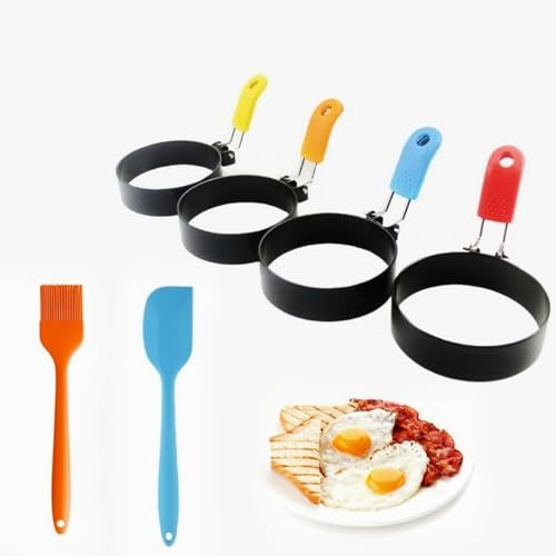 JSQJ Spiegeleiform für Bratpfanne Egg Ring Rund 4 Stück Ei Ring Eierringe Edelstahl Antihaft Pfannkuchenform mit Klappgriffen, mit Ölpinsel und Spateln in Silikon(4 Farbe) von JSQJ