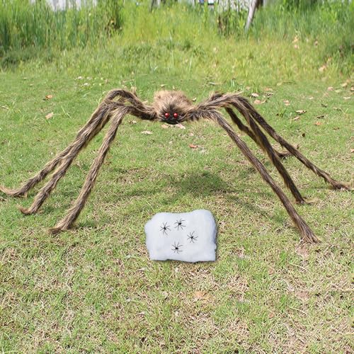 50-Zoll Halloween-Riesenspidern-Dekoset – Perfekt für Innen- und Außen, mit 60g Spinnennetz und 4 kleinen Spinnen (Braun 125 cm) von JSRHEEM