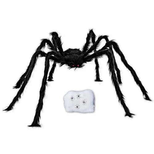 50-Zoll Halloween-Riesenspidern-Dekoset – Perfekt für Innen- und Außen, mit 60g Spinnennetz und 4 kleinen Spinnen (Schwarz 125 cm) von JSRHEEM