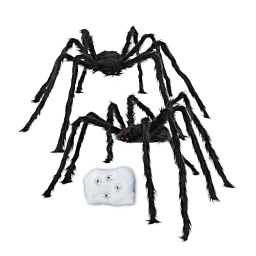 2pcs 36-Zoll Halloween-Riesenspidern-Dekoset – Perfekt für Innen- und Außen, mit 60g Spinnennetz und 4 kleinen Spinnen (Schwarz 90 cm*2) von JSRHEEM