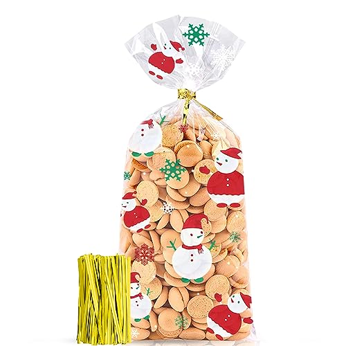 100 Stück weihnachten süßigkeiten tüten，weihnachtsverpackungsbeutel，weihnachtstüten zum befüllen，Kekse Goody Taschen mit 100 Stück Twist Krawatte (Schneemann) von JSRHEEM