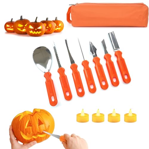 JSRHEEM Halloween kürbis Schnitzset, 7 Stücke Edelstahl kürbis Schnitzwerkzeug mit 4 LED Kerzen, Kürbis Schnitzmesser für Erwachsene und Kinder von JSRHEEM