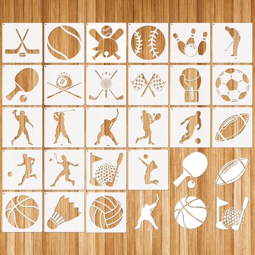 JSRQT 25 Stück Ball Schablonen zum Malen, Fußball Basketball Volleyball Baseball Schablonen Stencils Malerei, Wiederverwendbar Kunststoff Schablonen Vorlagen für DIY Tagebuch, Holz, Leinwand, 5 Inch von JSRQT