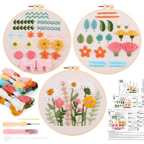 JSRQT 3 Sets Punch Needle Set Anfänger, Stanznadel Stich Praxis Stickerei Kit für Erwachsene, Blumen Kreuzstich Starterset mit Werkzeug und Anleitung, Punch Needle Stickset für DIY Kunst Dekoration von JSRQT