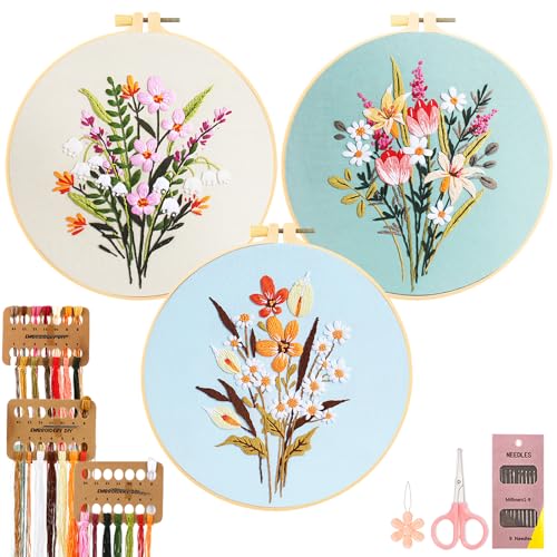 JSRQT 3 Stück Blumen Stickerei Starter Set Anfänger Erwachsene, Gestempeltes Kreuzstich Stickenset, Handgefertigtes Nadelspitzen Stickset mit Rahmen, Anleitung, Nadel und Faden, für Heimdekoration von JSRQT