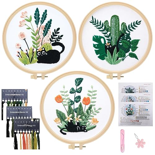 JSRQT 3 Stück Gestempeltes Stickerei Starter Kit Katze Embroidery Set für Anfänger Erwachsene Kreuzstich Cross Stitch für DIY Kunst Nadeln und Nähen Tools von JSRQT