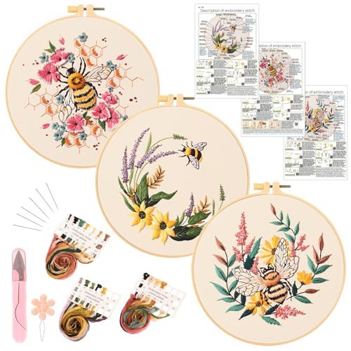 JSRQT 3 Stück Stickerei Starter Set, Gestempeltes Kreuzstich Set für Anfänger Erwachsene mit Bienen Blumen Design, Handgefertigtes Nadelspitzen Stickset mit Rahmen, Anleitung, Nadel und Faden von JSRQT