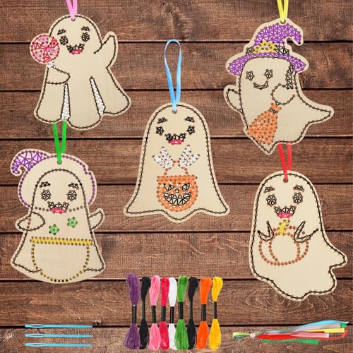 JSRQT 5 Stück Holz Kreuzstich Set Halloween Geist DIY Wooden Cross Stitch Kits für Anfänger Kinder Kreuzstich-Set Bastelsets Holznähen Basteln und Nähen Holzdekoration Sticken Prickelset Kinderkunst von JSRQT