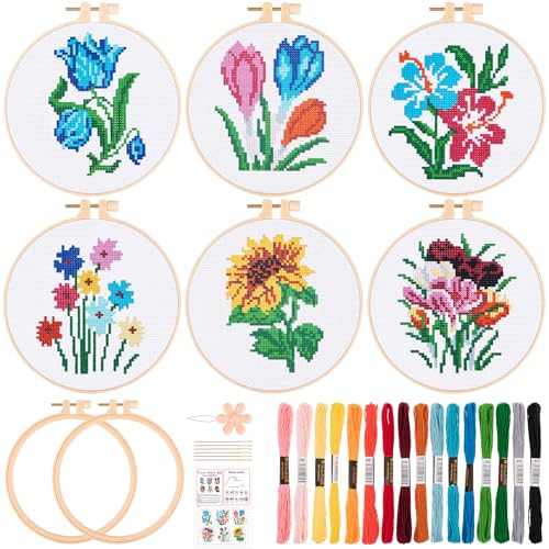 JSRQT 6 Stück Blumen Kreuzstich Set für Anfänger, Stickerei Set Erwachsene Handgefertigtes Nadelspitzen Stickset für Bastelfreunde mit Werkzeug, inklusive 2 Stickrahmen, Anleitung, Nadel und Garn JSRQT 6 Stück Blumen Kreuzstich Set für Anfänger, Stickerei Set Erwachsene Handgefertigtes Nadelspitzen Stickset für Bastelfreunde mit Werkzeug, inklusive 2 Stickrahmen, Anleitung, Nadel und Garn von JSRQT