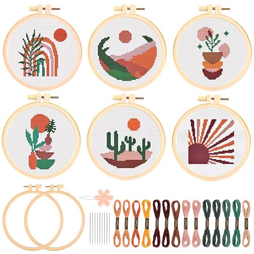JSRQT 6 Stück Boho Landschafts Kreuzstich Set für Anfänger Erwachsene, Handgefertigtes Nadelspitzen Stickset für Bastelliebhaber, Stickerei Starter Set für Heimdekoration, mit 2 Stickrahmen, Werkzeug JSRQT 6 Stück Boho Landschafts Kreuzstich Set für Anfänger Erwachsene, Handgefertigtes Nadelspitzen Stickset für Bastelliebhaber, Stickerei Starter Set für Heimdekoration, mit 2 Stickrahmen, Werkzeug von JSRQT