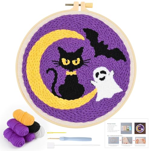 JSRQT Halloween Punch Needle Stickerei Set Anfänger, Gestempeltes Kreuzstich Set Punch Needle mit Schwarze Katze für Erwachsene, Handgefertigtes Stanznadel Starter Kit, für Party und Heimdekoration JSRQT Halloween Punch Needle Stickerei Set Anfänger, Gestempeltes Kreuzstich Set Punch Needle mit Schwarze Katze für Erwachsene, Handgefertigtes Stanznadel Starter Kit, für Party und Heimdekoration von JSRQT