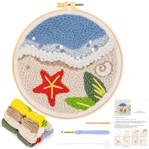 JSRQT Hawaii-Stil Punch Needle Stickerei Set für Anfänger Erwachsen,Strand Stanznadel Stickerei Starter Kit,DIY Handarbeit Embroidery Stanznadelstoff Muster Set von JSRQT