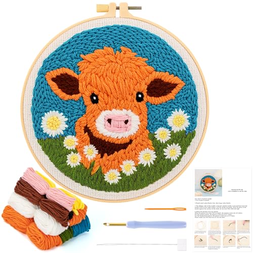 JSRQT Niedliche Stanznadel Stickerei Starter Kit,Cartoon-Kuh Punch Needle Stickerei Set für Anfänger Erwachsene Kinder,DIY Handarbeit Embroidery Kits von JSRQT