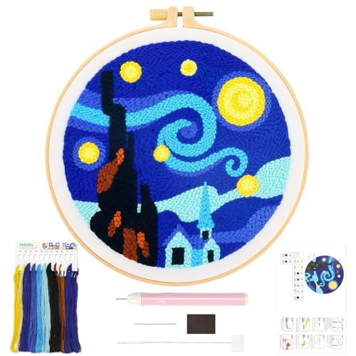 JSRQT Van Gogh Punch Needle Stickerei Set, Punch Needle Starter Kit für Erwachsene Kinder, Gestempeltes Kreuzstich Stickerei Anfängerset, Handgefertigte Bastelstick mit Werkzeugset, für Heimdekoration von JSRQT