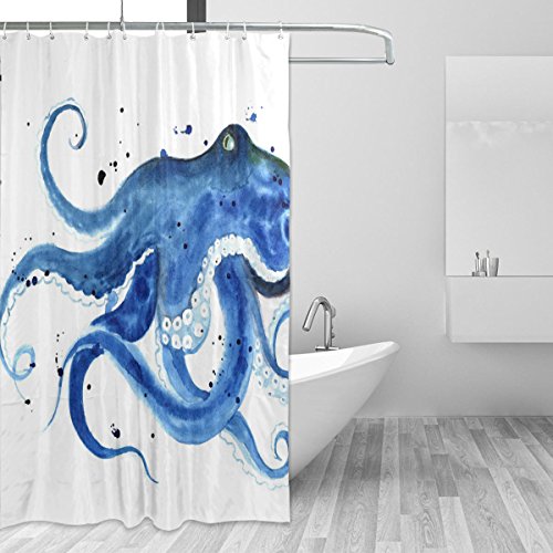 JSTEL Dekorativer Duschvorhang mit blauem Oktopus-Aquarell-Muster, 100 % Polyester, 168 x 183 cm, für Zuhause, Badezimmer, dekorative Dusche, Badewannenvorhänge mit Kunststoffhaken von JSTEL