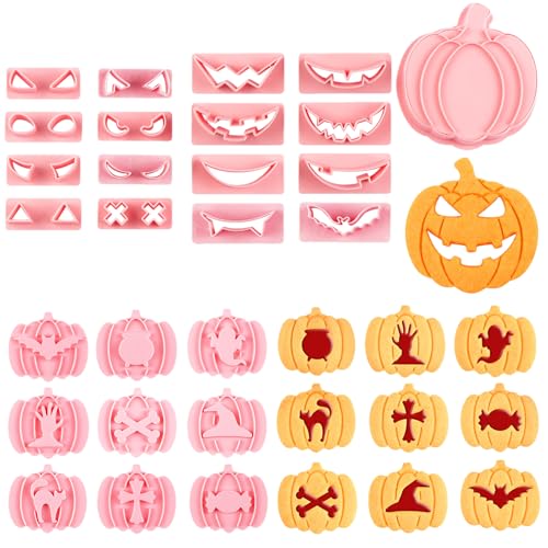 JSTHHTT 26 Stück Halloween Ausstecher, Halloween Ausstechformen Set, Keksausstecher Backformchen Set, für Halloween Geist, Fledermaus, Kürbis, Katze, Hexenhut (Pink) von JSTHHTT