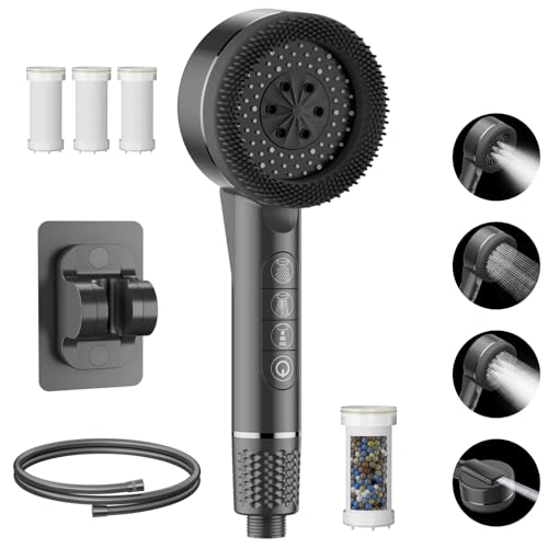 JSUDQR Duschkopf mit Filter 3+1 Strahlarten mit 1.5M Schlauch PVC und Ständer Massage-Handbrause mit Stopptaste Badezimmer-Zubehör von JSUDQR