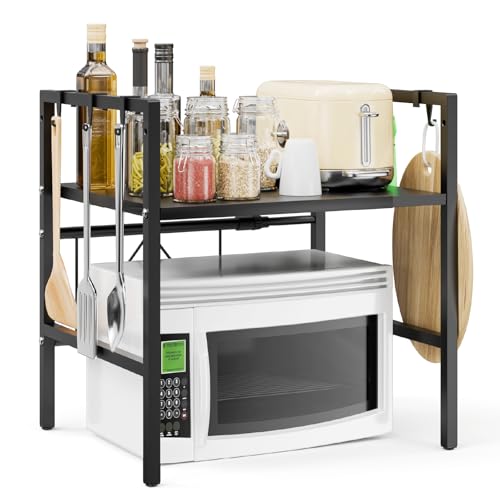 JSUDQR Neue Fassung 2-Stufig Erweiterbares Mikrowellen Regal Schwarz Stabiler Verstellbares Mikrowellenregal,Mikrowellenhalter aus Kohlenstoffstahl mit 6 Haken Länge 40-60cm von JSUDQR